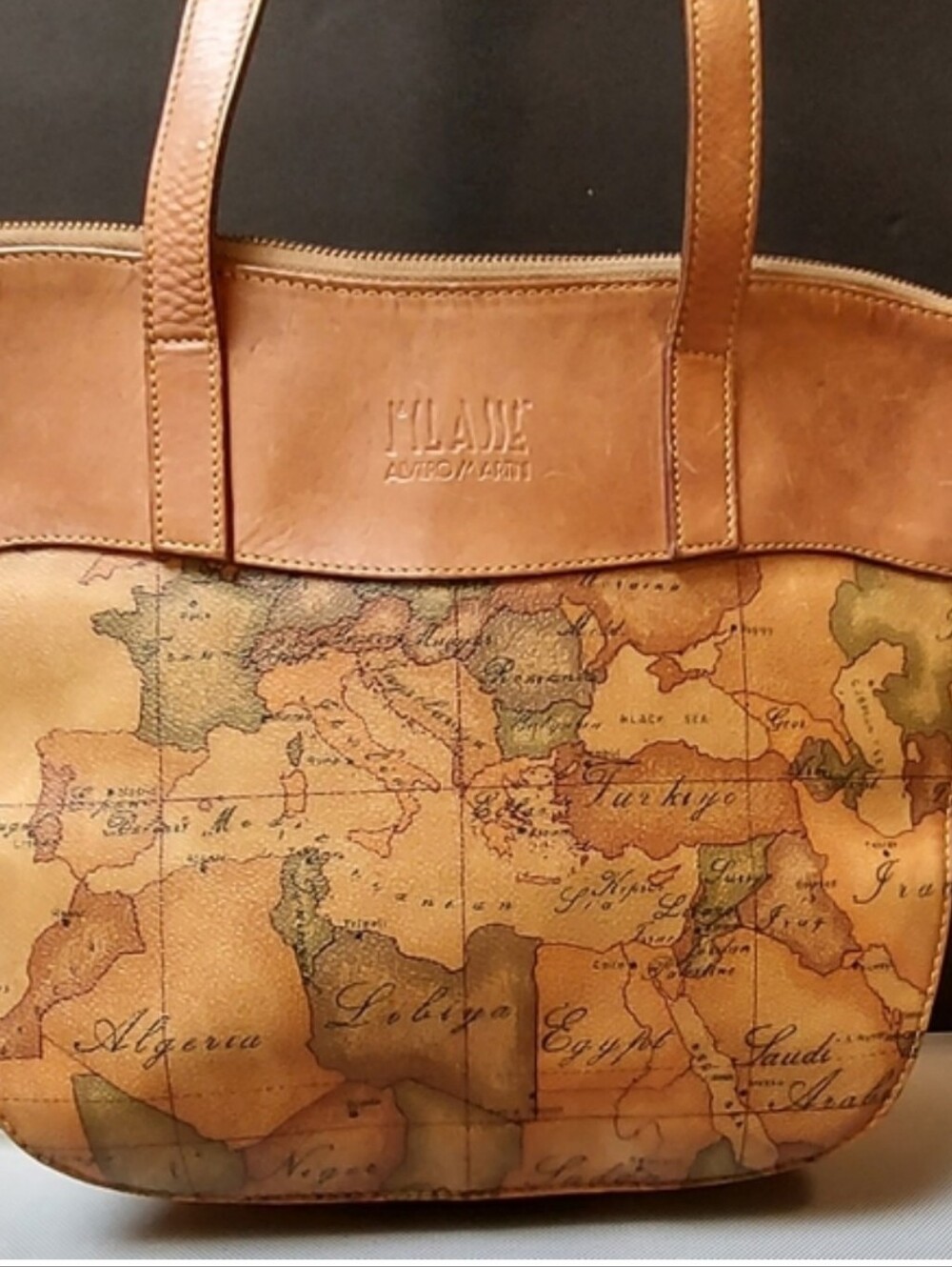 Alviero Martini Tan and Light Brown Map-Print Leather Messenger Bag